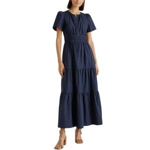 Quince Poplin Tiered Maxi Dress Navy Blue Organic Cotton Pockets Sz XS‎ Smocked
